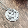 small disc engraved with the name Angel. middle disc engraved with the birth date 6.28.2000 heart image and the heaven date 10.07.2021. Last and biggest disc engraved with "always in my heart". a June birthstone and angel wing. all charms are stainless steel in silver and attached to a cable chain.