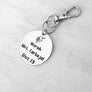 silver engraved stainless steel backpack tag keychain. engraved with a Unicorn Image, Name Norah. Teachers name Mrs Carbajal. and Bus 19