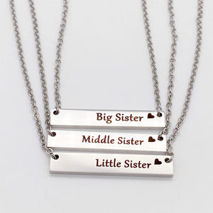 Big Sister, Middle Sister, Little Sister Silver Horizontal Bar Necklaces with stainless steel cable chains