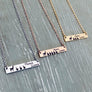 Mama llama with 3 baby llamas on Silver bar necklace, Mama llama with 5 baby llamas on Rose Gold bar necklace, Mama llama with 3 baby llamas on yellow gold bar necklace