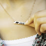Rose gold horizontial bar necklace engraved with mom bear 3 cubs and mama bear