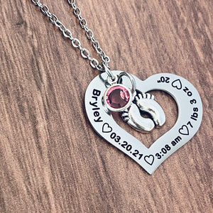 Baby Birth Stats Open Heart Pendant Necklace