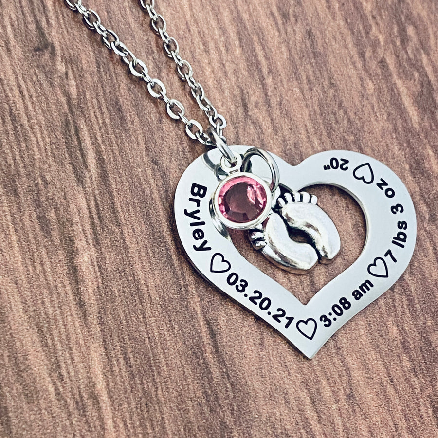 Baby Birth Stats Open Heart Pendant Necklace
