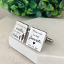 Front view of a pair of silver square engraved cufflinks the first saying "out of all the walks we have taken" with a silhoutte of a daddy holding hands with his little girl. The other cufflink is engraved with "this one is my favorite and wedding date 03.15.22