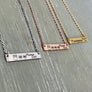 Mama Owl and 2 owlets engraved on a silver bar necklace. Mama Owl and 3 owlets engraved on a rose gold bar necklace. Mama Owl and 5 owlets engraved on a yellow gold bar necklace.
