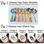 Graphic of all wristlet options, turquoise, blue, pink, coral, purple, yellow, cheetah print and cow print. All charm tag options: "mom of sassholes", best mom ever", "mama mode. all day every day." "#momlife", "Behind every bad bitch is a car seat"