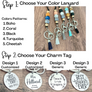 5 different color pattern lanyards in boho, coral, black, Cheetah Print, and mint color patterns attached to a lobster clasp key hook and matching tassel. 4 different charm tags