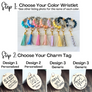 Graphic showing all color wristlets available, Turquoise, medium blue, pink,coral, purple, yellow, cheetah print, cow print. and all charm tag designs