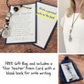 Thank you card that has a thank you packaging card with the "Star Teacher" Poem. another picture showing a woman wearing the 25" silicone beaded teachers lanyard packaged in a blue organza gift bag.