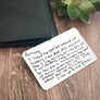 handwritten note to son from mom engraved on a wallet card