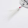 silver and white shiny fishing feather attached to the bottom of the lure