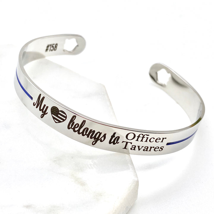 silver cuff thin blue line police officer cuff bracelet black engraving american heart image