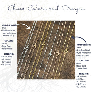 diagram showing cable or ball chain options and color choices between silver, rose gold, and yellow gold