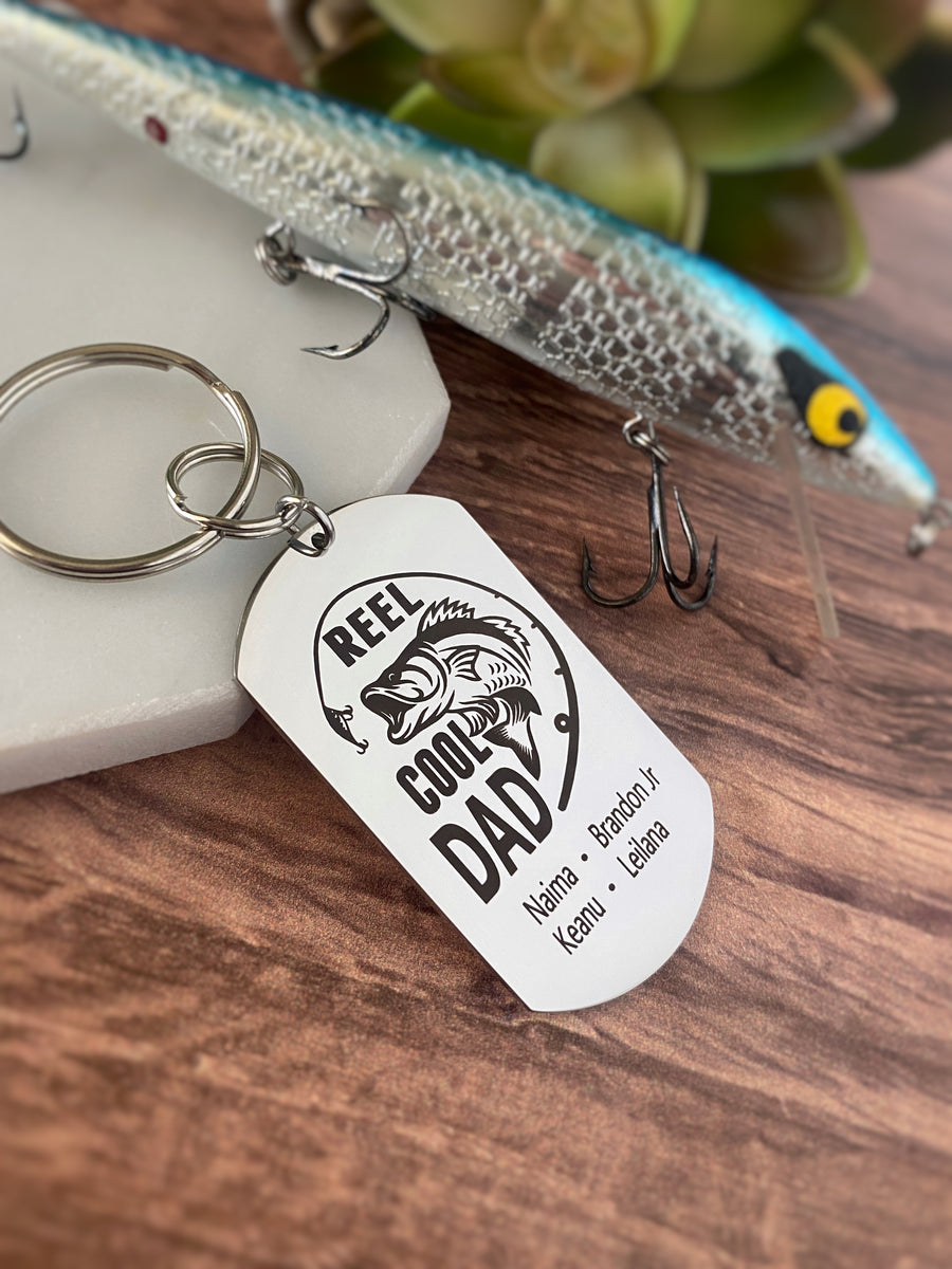 Reel Cool Dad with Bass Fish image engraved on a silver stainless steel dog tag keychain with kids names and fishing lure image