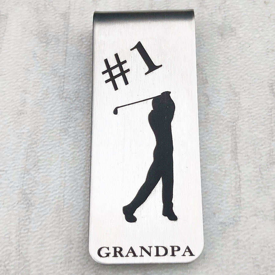 1 inch X 2 inch money clip engraved with #1 Grandpa and golfer silhouette 