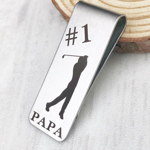 1 inch X 2 inch money clip engraved with #1 Papa and golfer silhouette 