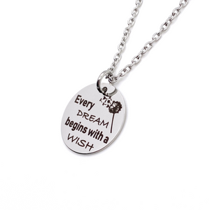 Silver Dandelion Inspirational Necklace "Every dream begins with a wish"