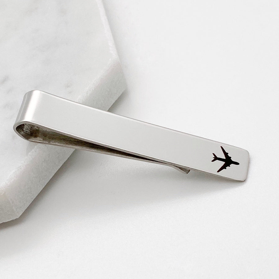silver engraved airplane jet liner tie bar clip in silver
