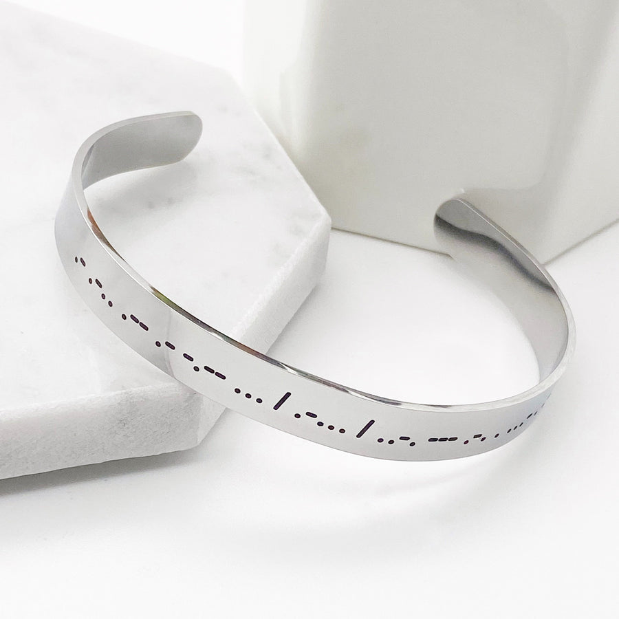always and forever dots and dashes Morse code silver cuff bracelet side view