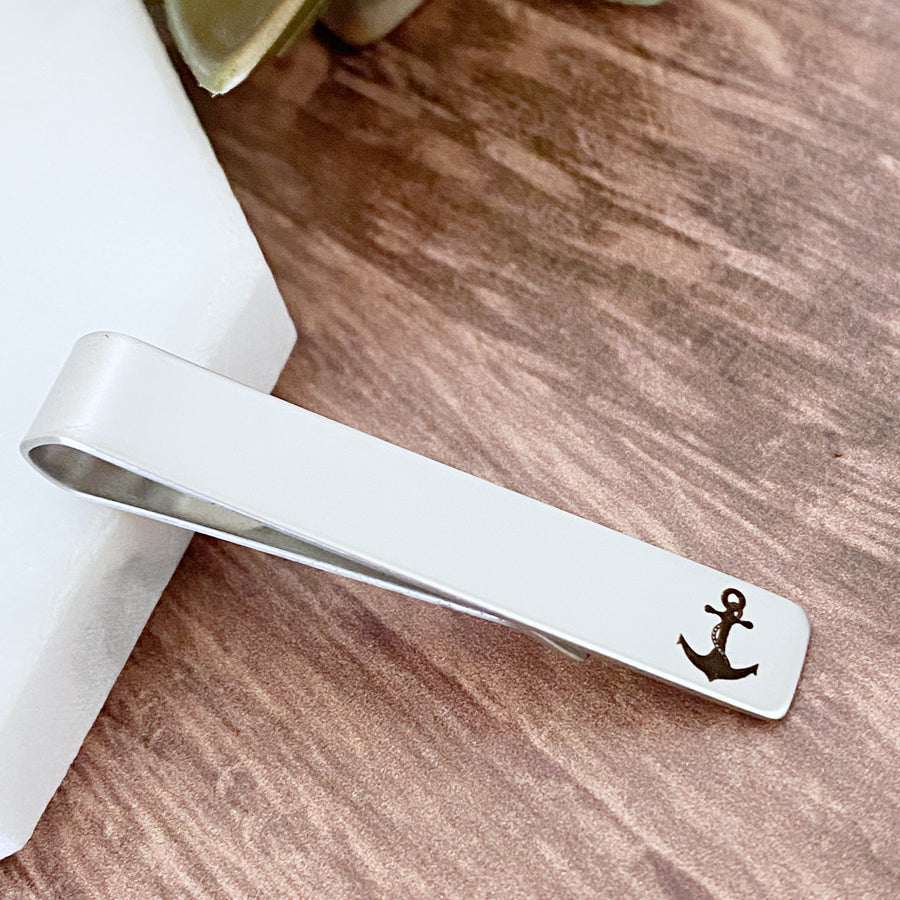 silver engraved Anchor on tie bar clip