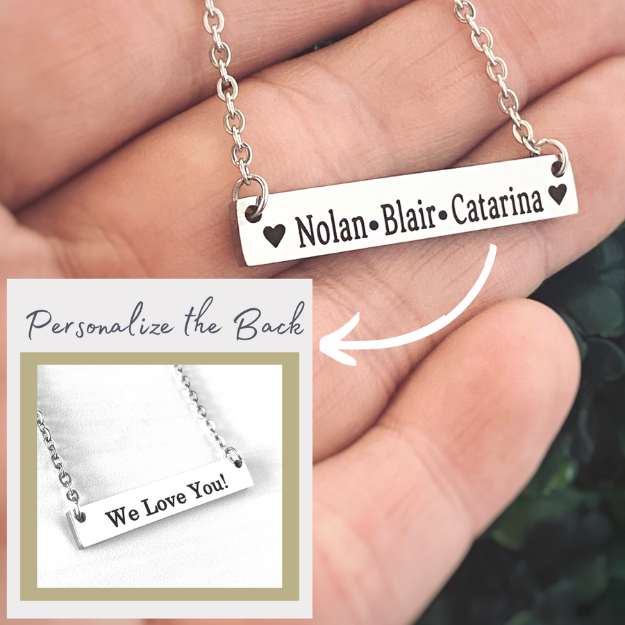 option to personalize a message on the back of the bar necklace