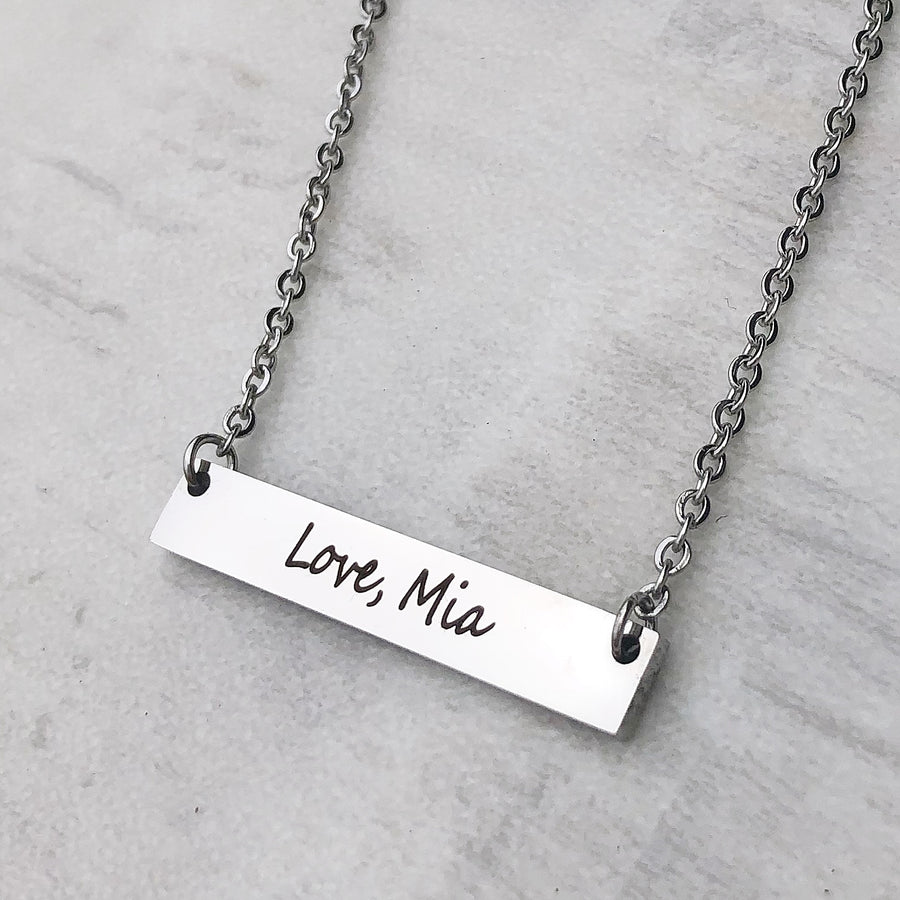 personalized love mia on the back of the bar necklace