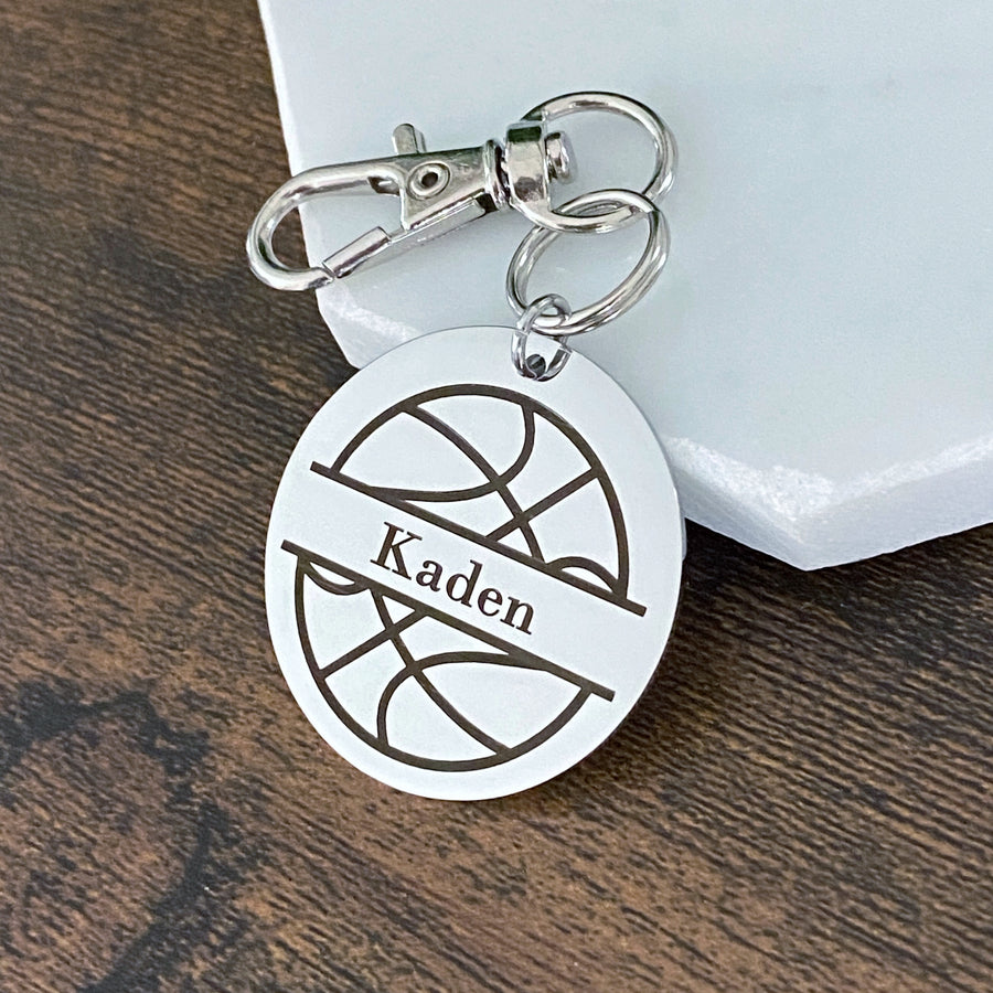 silver round engraved Basketball name tag for sports bag