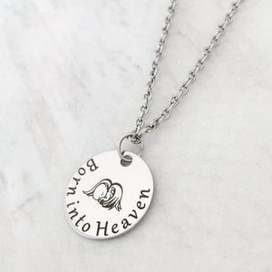 Silver Round pendant charm necklace engraved with infant angel baby and phrase "Too beautiful for earth"