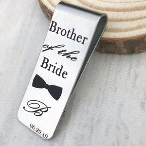 brother of the Bride engraved bowtie with first name initial B and wedding date