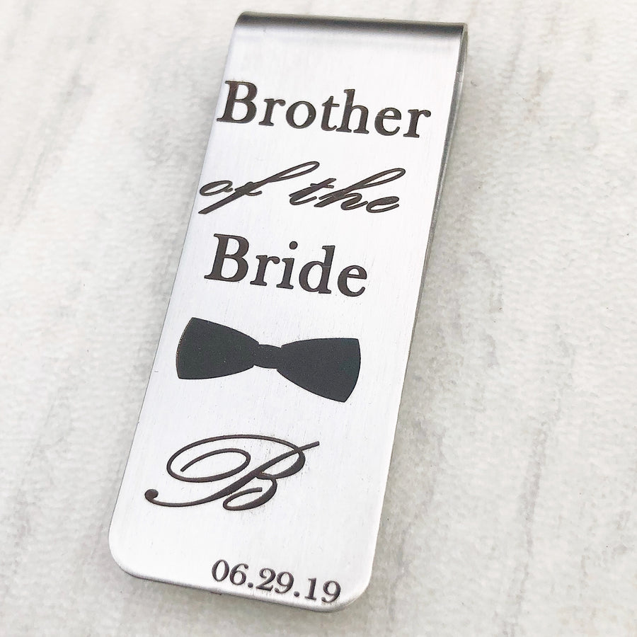 silver wedding money clip with bowtie and initial with wedding date