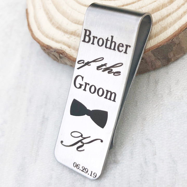 Brother of the groom engraved bowtie with first name initial K and wedding date