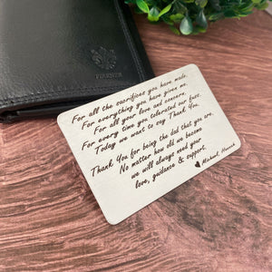 engraved wallet card insert with love poem to Dad from kids.