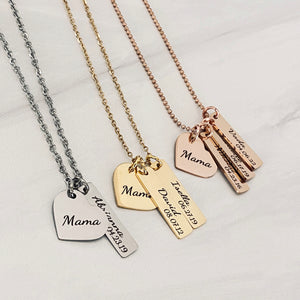 A silver, yellow gold, and rose gold and yellow gold pendant charm necklace with a heart charm engraved with "Mama". Silver has charm tag engraved with the name "abrianna" and date of birth 04.23.12. Gold necklace with 2 rectangle charm tags "david with 8.7.12" and Isella 6.27.19. Rose Gold with 3 name tags