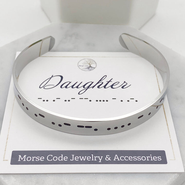 Daughter silver shiny morse code cuff bracelet 