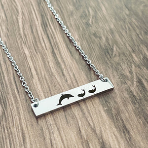 Silver Dolphin Horizontal Bar Necklace Engraved with 1 mom dolphin and 2 baby dolphins
