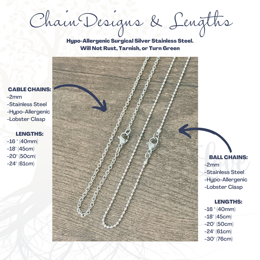 cable and ball chain options in silver in lengths 16", 18", 20", 24", and 30”