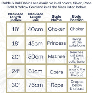 Diagram explaining chain lengths in inches and in cm, the length style, and body position where the necklace would lay on a woman’s body.
