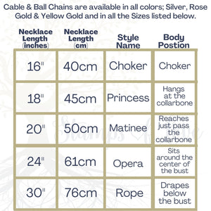 Diagram Table explaining chain lengths in inches and in cm, the length style, and body position where the necklace would lay on a woman’s body.