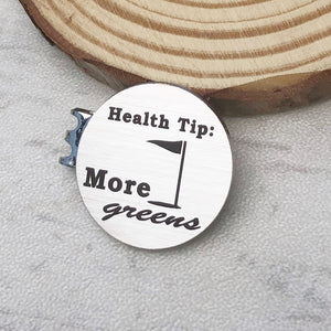 1 inch silver stainless steel round golf hat clip engraved with health tip more greens