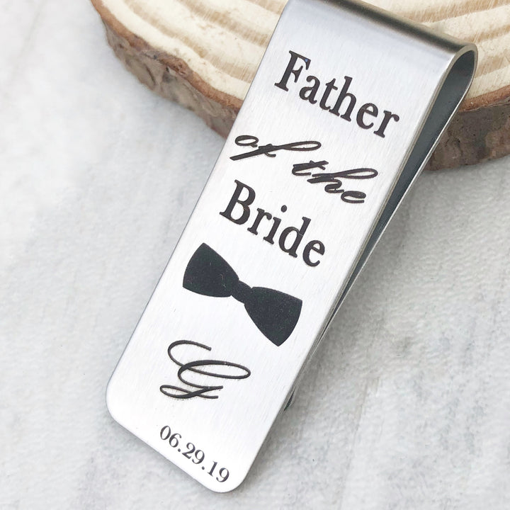 Father of the Bride bowtie silver wedding money clip with the initial G