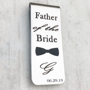 Silver initial Father of the Bride Wedding money clip with wedding date and dad first initial