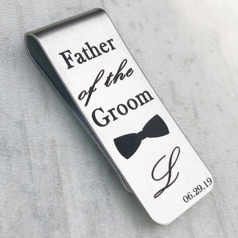 silver wedding money clip engraved with father of the bride bowtie L initial and wedding date