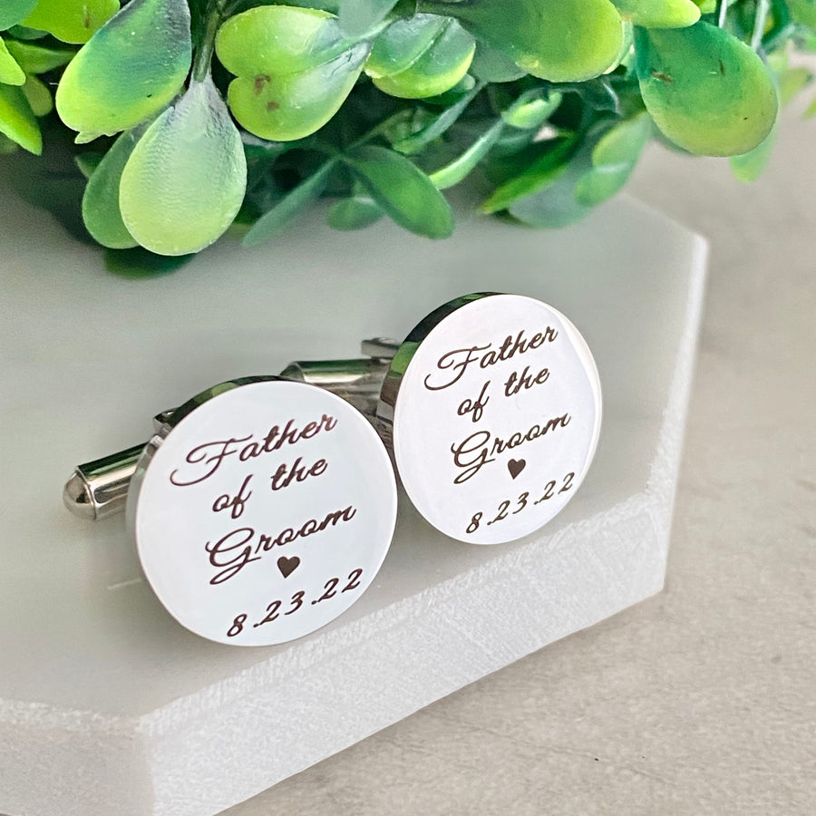 Silver Stainless Steel Circle round cufflinks engraved with Father of the Groom, a heart image and the wedding date 8.23.22