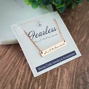 Shiny rose gold stainless steel "Fearless" morse code bar necklace
