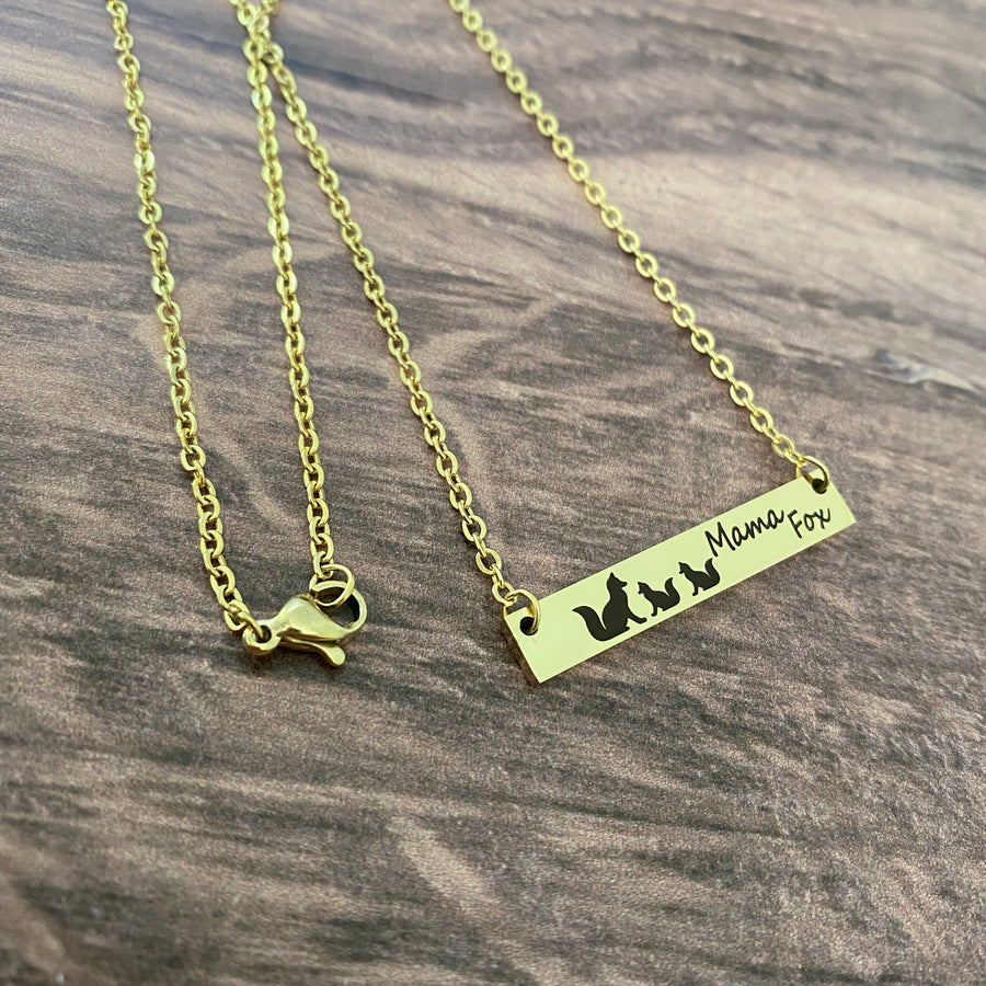 mama fox spirit animal mom and cub territorial aggressive gift for mom yellow gold bar necklace