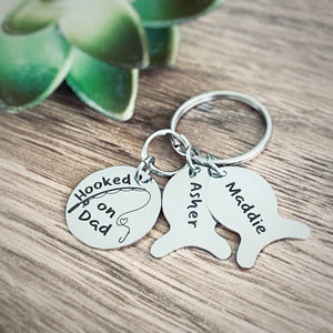Hooked on Daddy Personalized Fishing Keychain with Children Fish