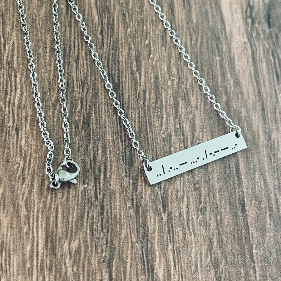 left side view of I love you Morse code bar necklace with cable chain and lobster clasp