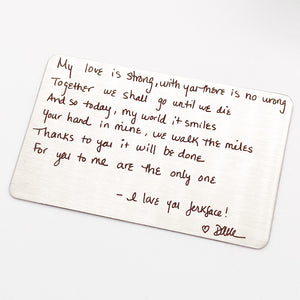an engraved handwritten love note from a girlfriend to her fiance'. 