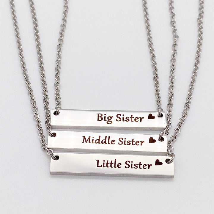 Big Sister, Middle Sister, Little Sister Silver Horizontal Bar Necklaces with stainless steel cable chains