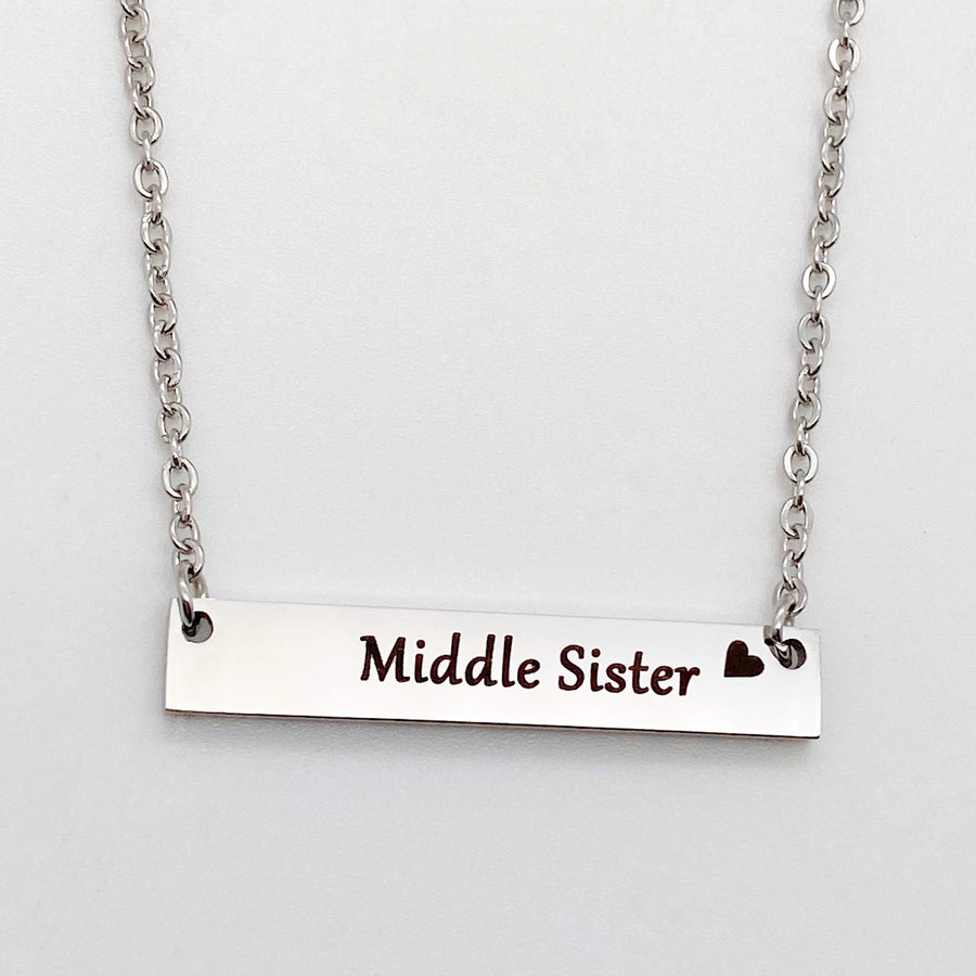 engraved horizontal Little Sister Bar Necklace with cable chain 
